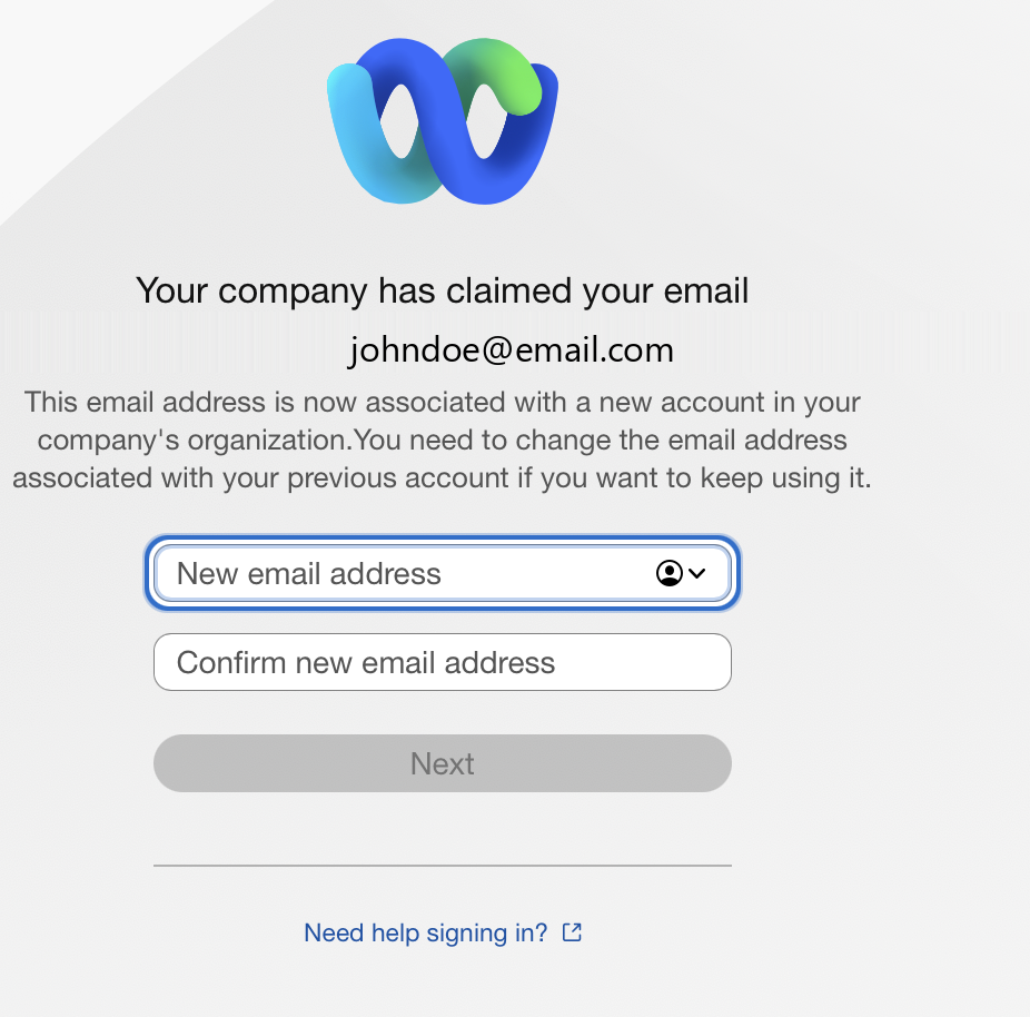 Webex claimed user notification screen showing Your company has claimed your email with fields to enter a new email address